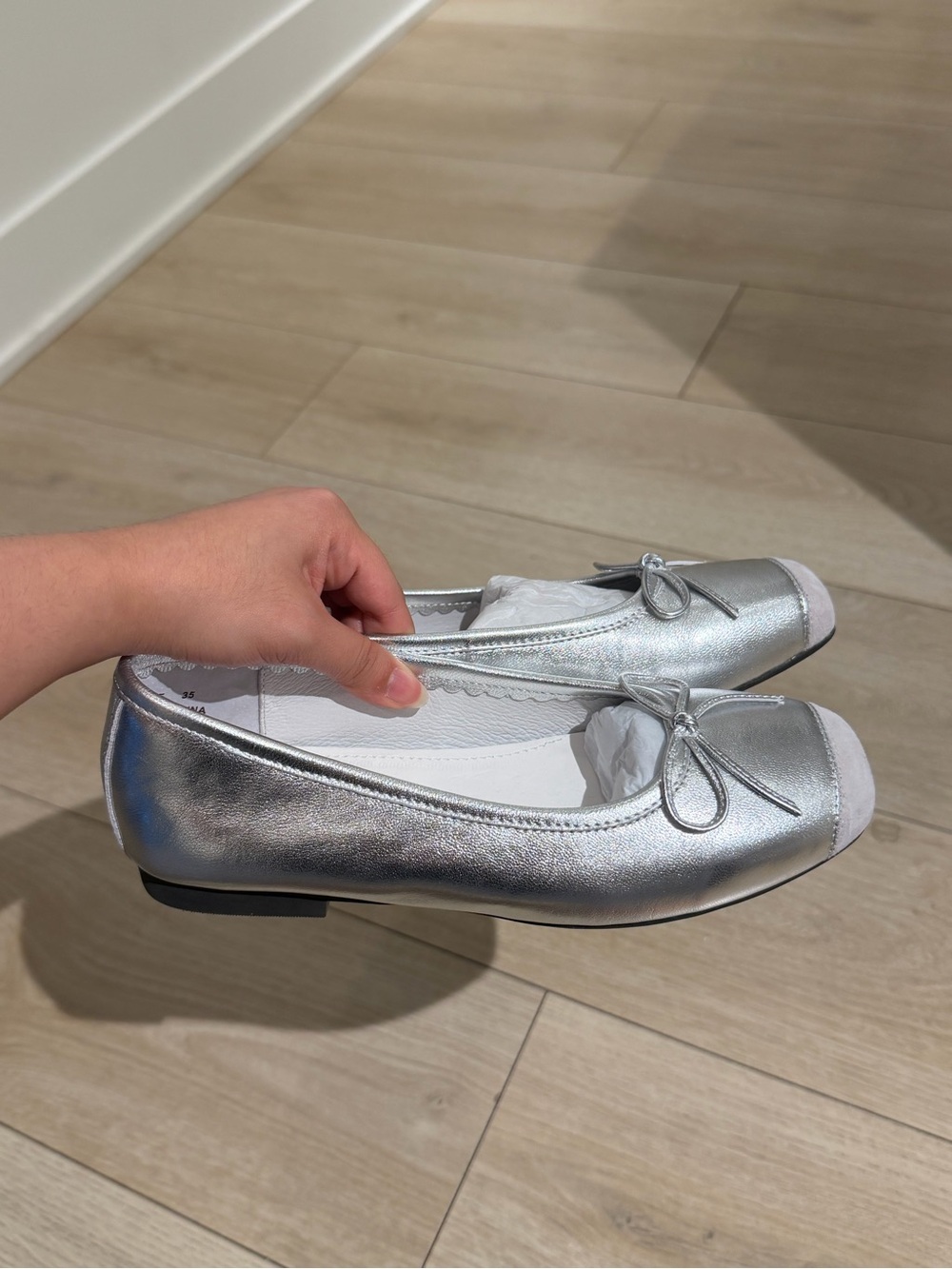 Metallic Silver Ballet Flats with Bow